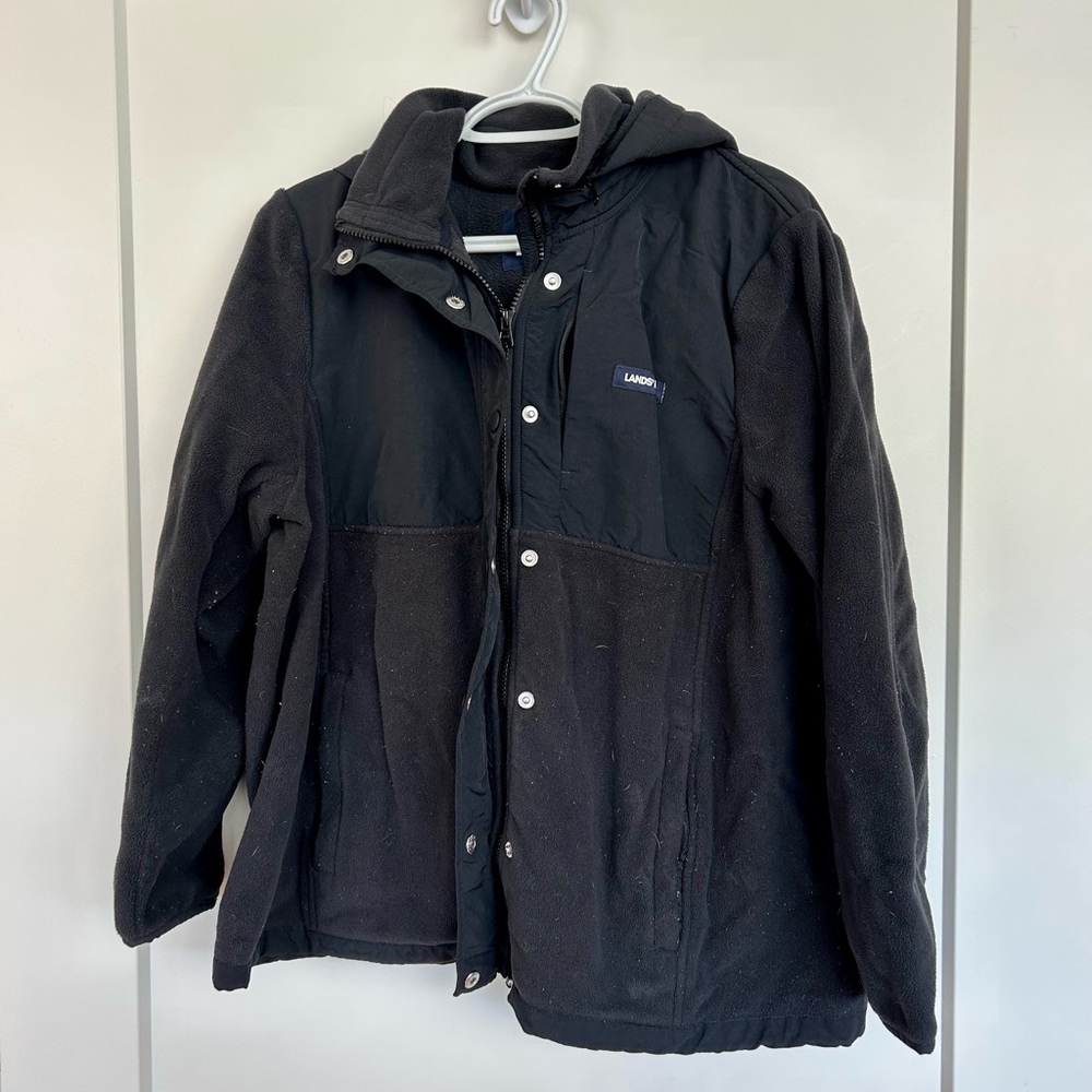 Lands End black fleece jacket with hood, size L (14-16)